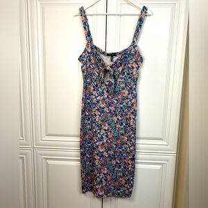 BCBG Paris Size Large Sleeveless Sundress in Blue and Multi Colour Floral Bow